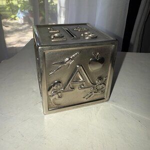 VTG Leonard Silver Plated ABCD Child's COINS Piggy Bank 3" SQUARE Hong Kong
